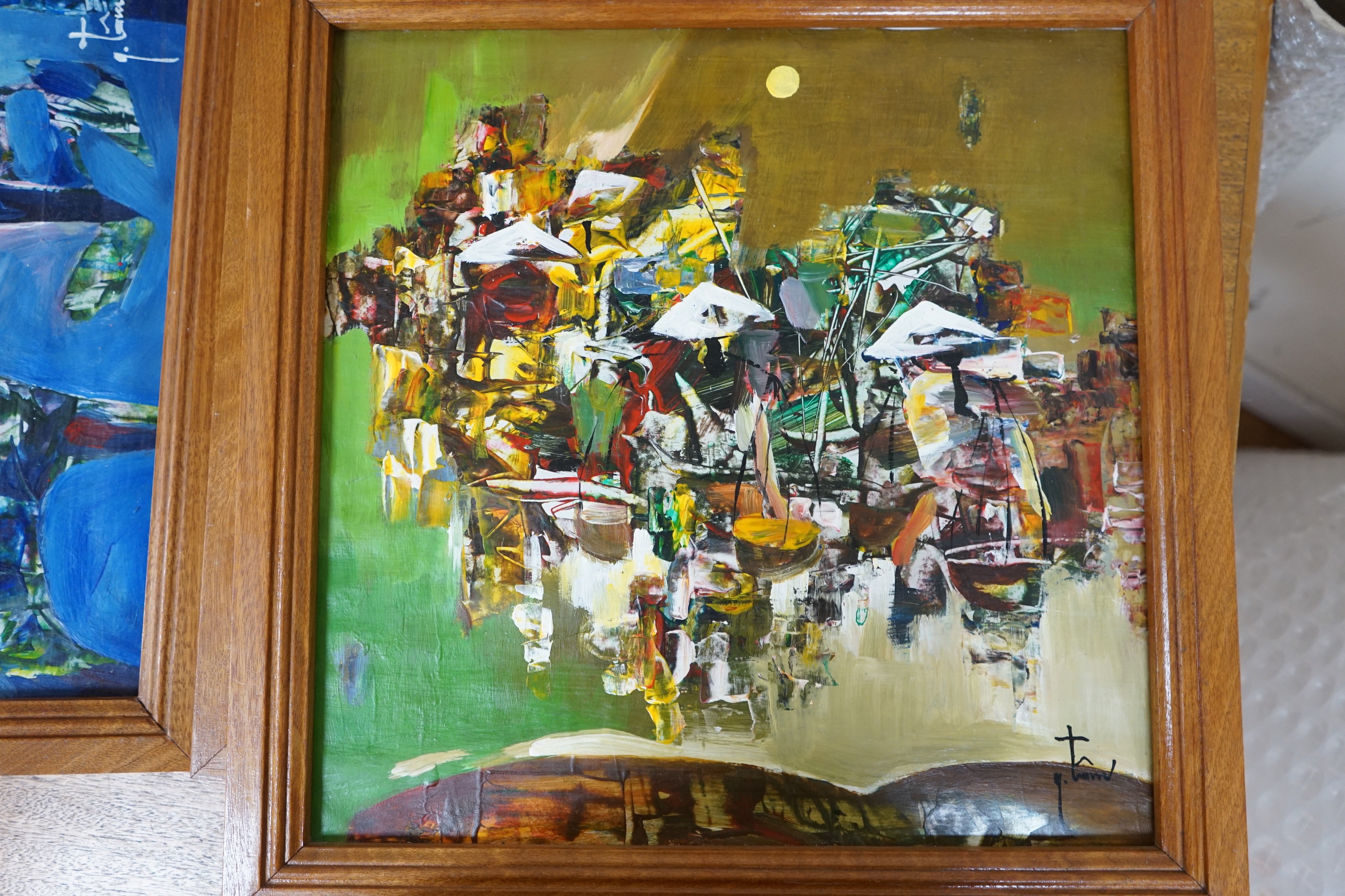 Tr?n Minh Tuân, set of four oils on card, Semi abstract landscapes, signed, 38 x 39cm